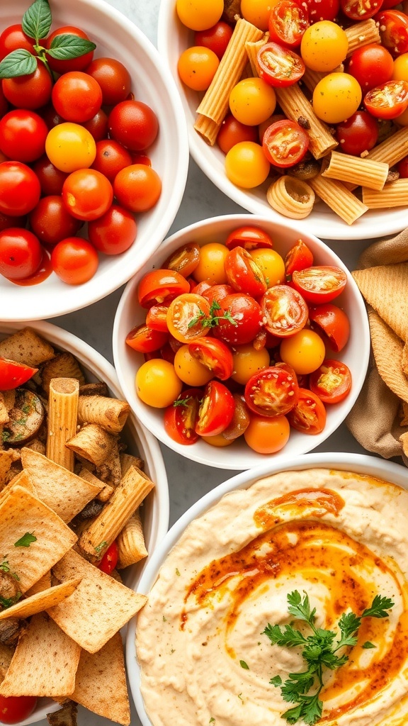 A colorful assortment of tomato recipes and onion dip on a rustic table.